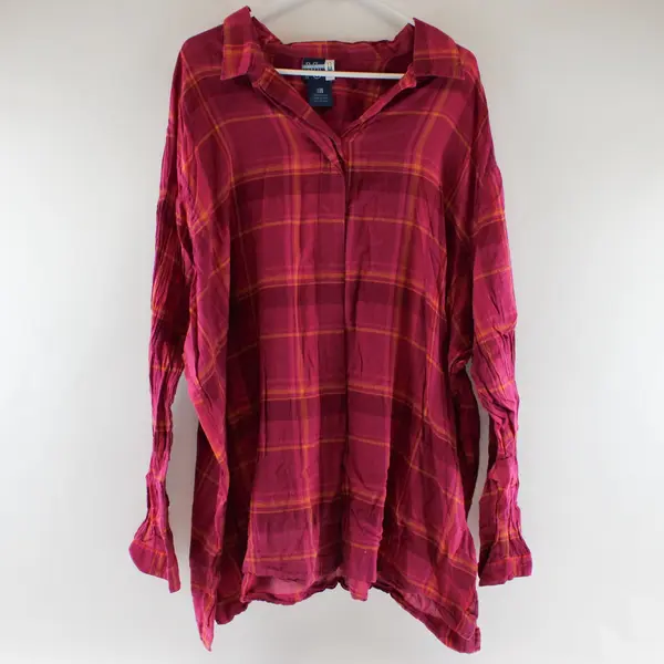 Venezia Women 26/28 Pink Orange Plaid Long Sleeve Button Front Cotton Shirt