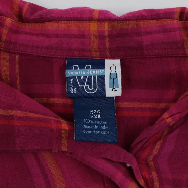 Venezia Women 26/28 Pink Orange Plaid Long Sleeve Button Front Cotton Shirt