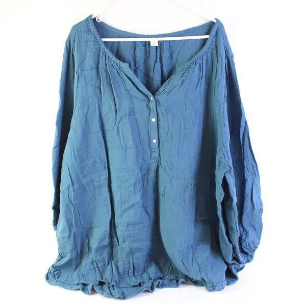 Old Navy Women's Plus 3X Blue Peasant Blouse V-Neck 3-Button Top