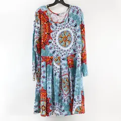 Multicolor Mandala Print Long-Sleeved Knee-Length Dress Women's 3XL