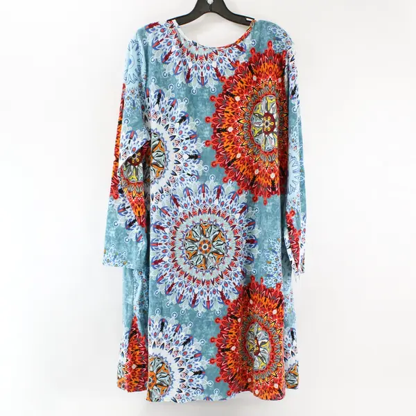 Multicolor Mandala Print Long-Sleeved Knee-Length Dress Women's 3XL