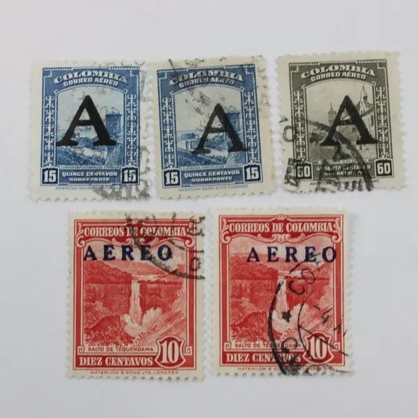 Lot of 5 Colombia 1950s Airmail Overprint Used Stamps