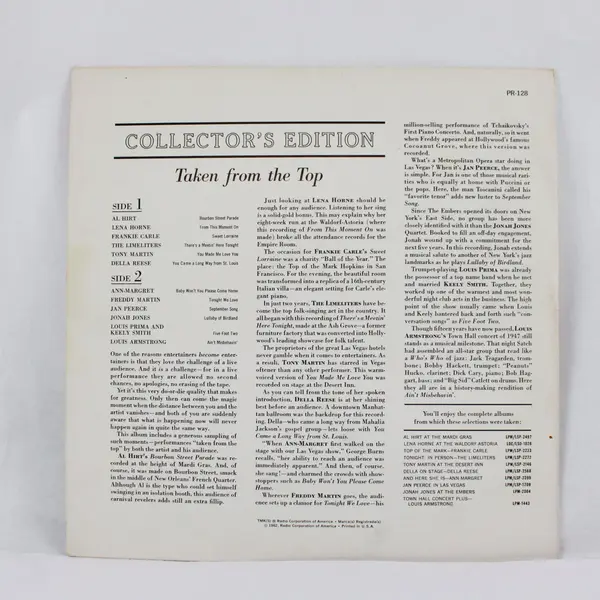 Taken From The Top Peak Performances Recorded Live 12" Vinyl Record