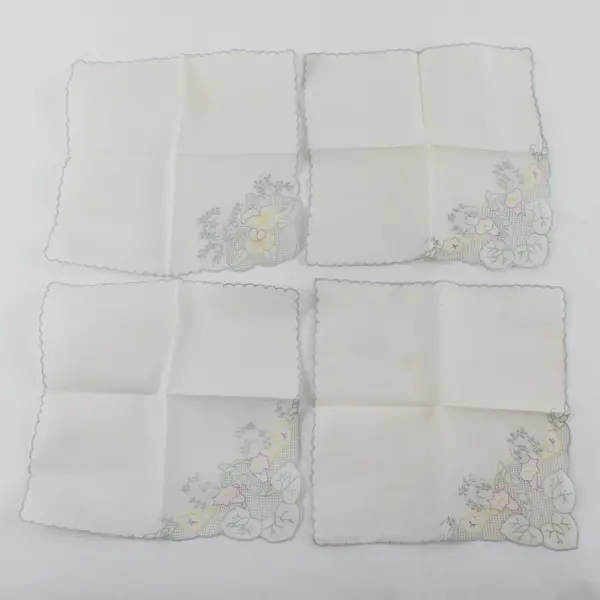 Lot of 4 Vintage Floral Embroidered Handkerchiefs FLAWED