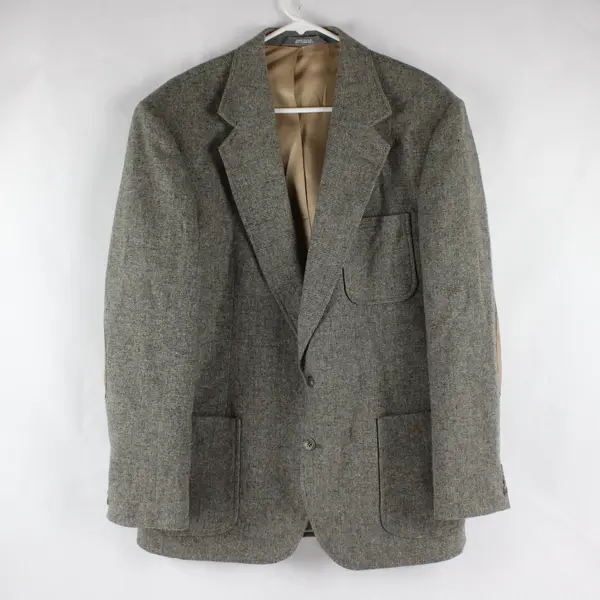 Vintage Haggar Imperial Mens Tweed Grey Blazer Elbow Patches 100% Wool