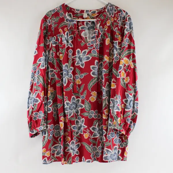 Old Navy Red Floral V-Neck Long-Sleeve Blouse with White & Blue Floral Print 3X