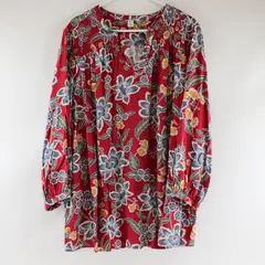 Old Navy Red Floral V-Neck Long-Sleeve Blouse with White & Blue Floral Print 3X