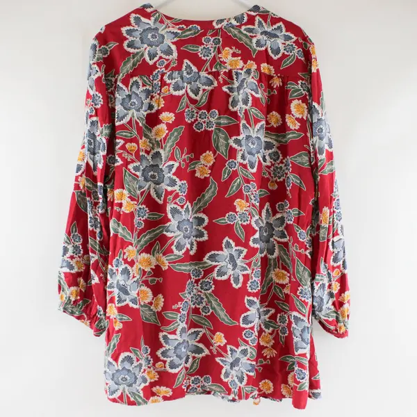 Old Navy Red Floral V-Neck Long-Sleeve Blouse with White & Blue Floral Print 3X