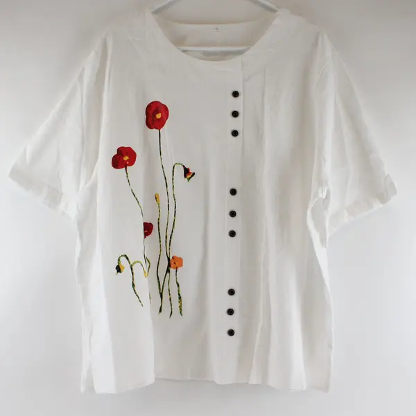 Womens 5XL White Short Sleeve Button Down Floral Print Blouse Top
