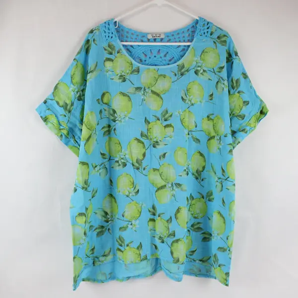 Blue Lemon Print Linen Summery Cute Blouse No Size Tag Lightweight Made in Italy