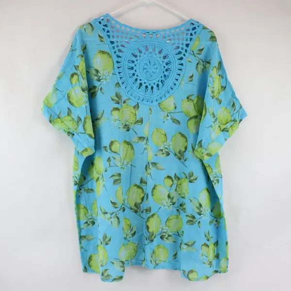 Blue Lemon Print Linen Summery Cute Blouse No Size Tag Lightweight Made in Italy