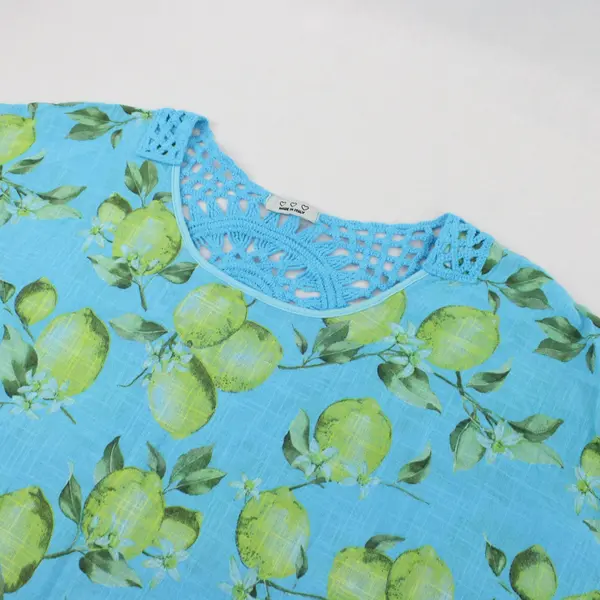 Blue Lemon Print Linen Summery Cute Blouse No Size Tag Lightweight Made in Italy