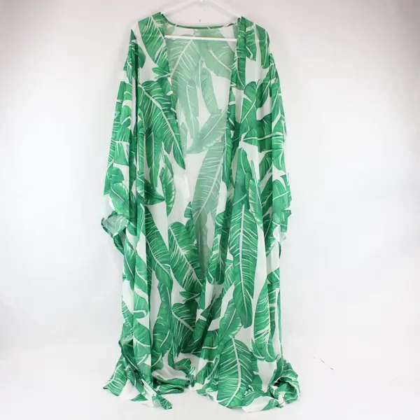 Tropical Leaves White and Green Print Shawl Cover-up Sheer Lightweight