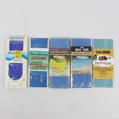 Lot of 5 Blue Sewing Trims Bias Tape Seam Binding Hem Facing NOS