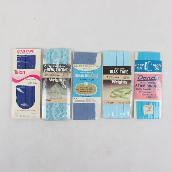 Vintage Lot of 5 Blue Sewing Trims Bias Tape Seam Binding Hem Facing