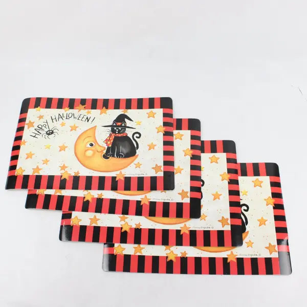 Laurie Korsgaden Halloween Placemat Set of 4 Cat Witch Spider Moon 