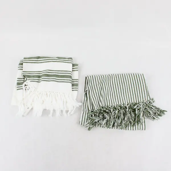 Lot of 2 Mudpie Green and White Striped Fringe Kitchen Towels