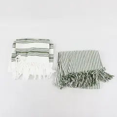 Lot of 2 Mudpie Green and White Striped Fringe Kitchen Towels
