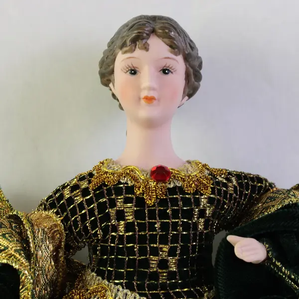 Vintage Angel Tree Topper Emerald Green Velvet Gown Gold Trim 17in