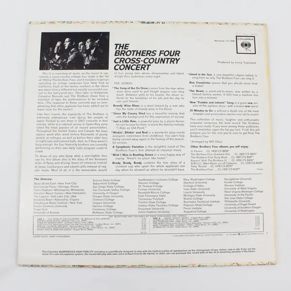 The Brothers Four Cross-Country Concert Mono CL 1946 Columbia LP