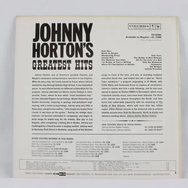 Johnny Horton's Greatest Hits 12" Vinyl Record