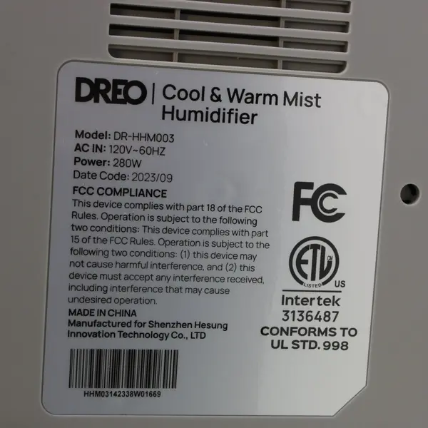 DREO Cool & Warm Mist Humidifier Model DR-HHM003 White UNTESTED