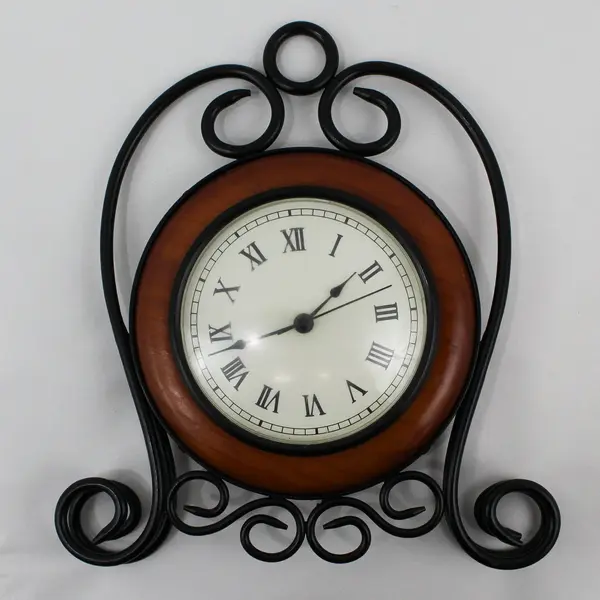 Wrought Iron And Wood Hanging Battery Operated Wall Clock