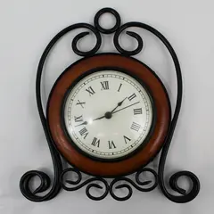 Wrought Iron And Wood Hanging Battery Operated Wall Clock