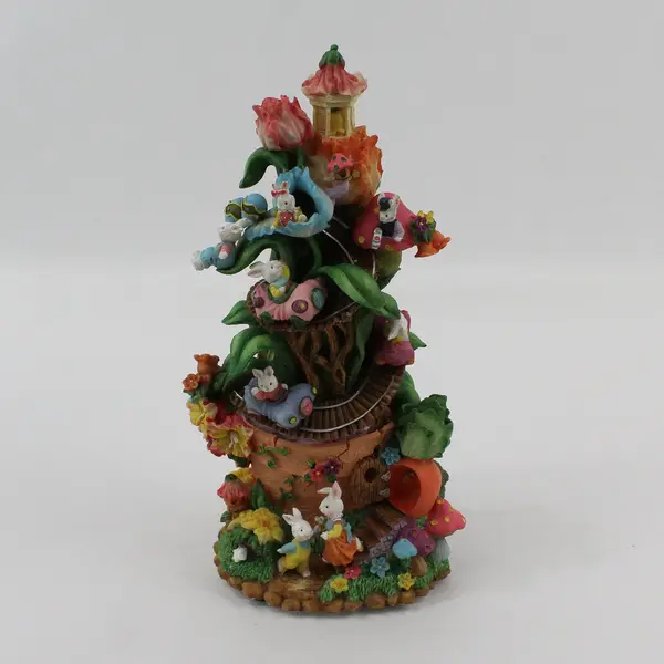 Musical And Lighted Easter Bunny Treehouse Figurine W/ Bunnies In Cars On Track 