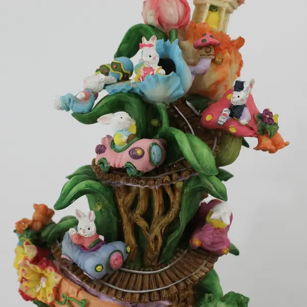Musical And Lighted Easter Bunny Treehouse Figurine W/ Bunnies In Cars On Track 