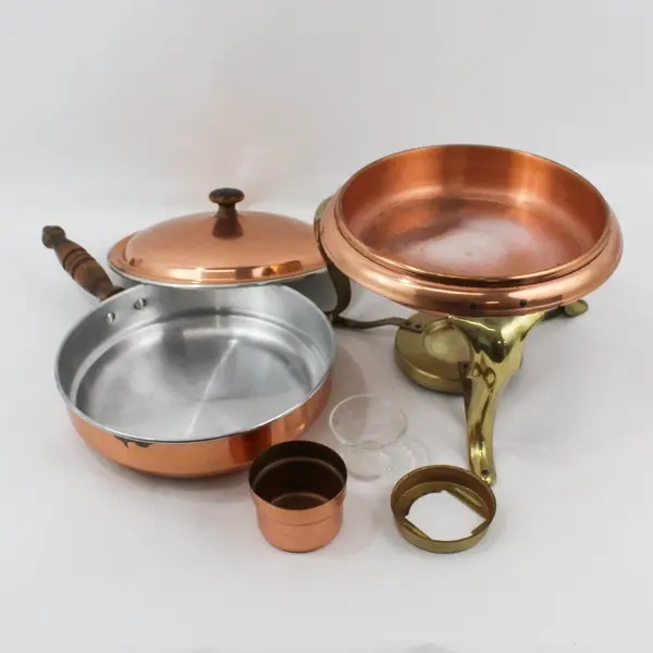 Vintage MCM Copper And Brass Chafing Dish With Stand And Sterno Pot