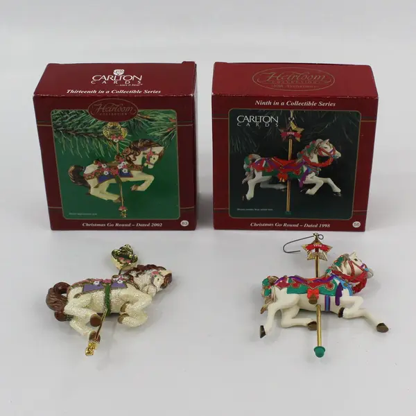  2 Carlton Cards Heirloom Christmas-Go-Round Carousel Horse Ornaments 1998 2002