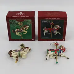  2 Carlton Cards Heirloom Christmas-Go-Round Carousel Horse Ornaments 1998 2002