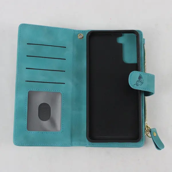 Samsung Galaxy S21 5G Blue Floral Wallet Case Zip-Around Wrist Strap