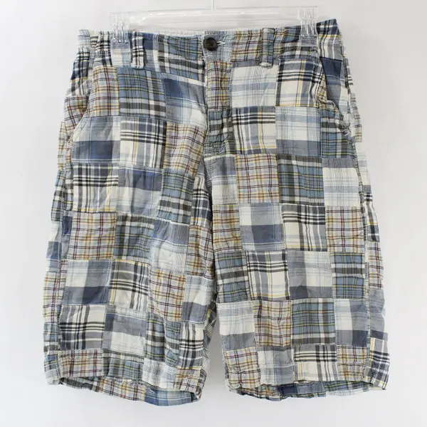 Men's Blue Plaid Patchwork Cotton Shorts Casual Size 30