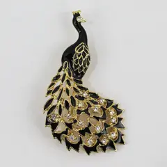 Black & Gold Peacock Rhinestone Costume Brooch Pin Statement Jewelry