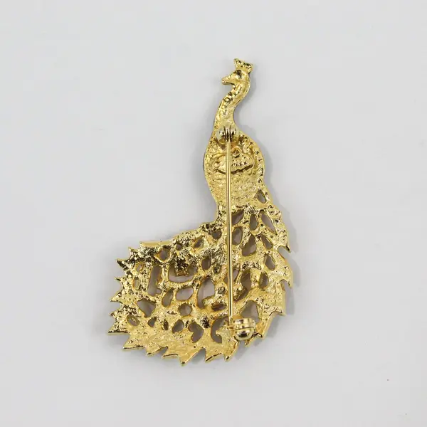Black & Gold Peacock Rhinestone Costume Brooch Pin Statement Jewelry