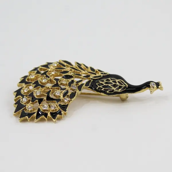 Black & Gold Peacock Rhinestone Costume Brooch Pin Statement Jewelry