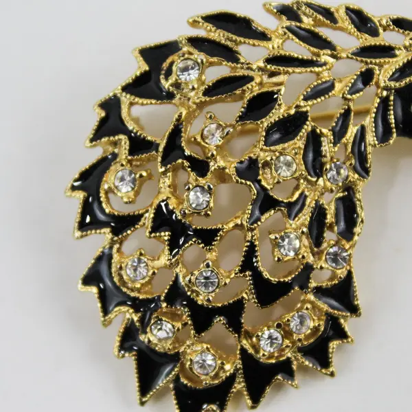 Black & Gold Peacock Rhinestone Costume Brooch Pin Statement Jewelry