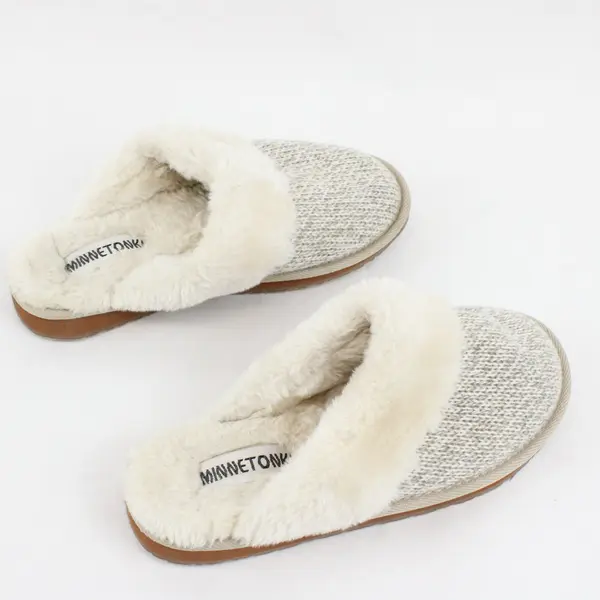 Minnetonka White and Gray Knit Faux Fur Lined Slippers Women's US Size 7M