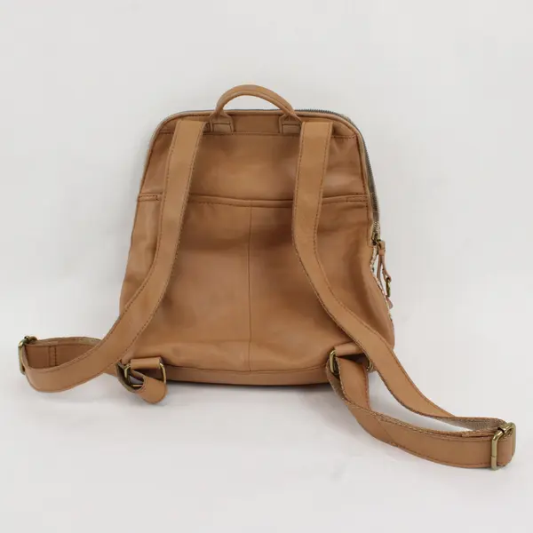 American Leather Co Beige Woven Backpack Purse 12in Leather Trim