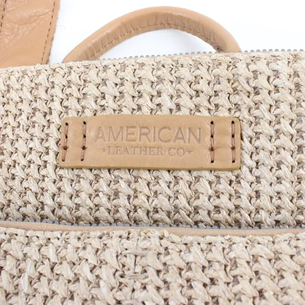 American Leather Co Beige Woven Backpack Purse 12in Leather Trim