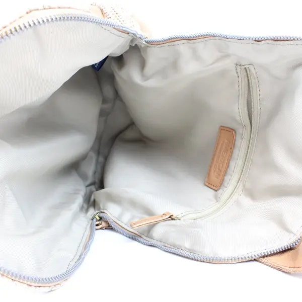 American Leather Co Beige Woven Backpack Purse 12in Leather Trim