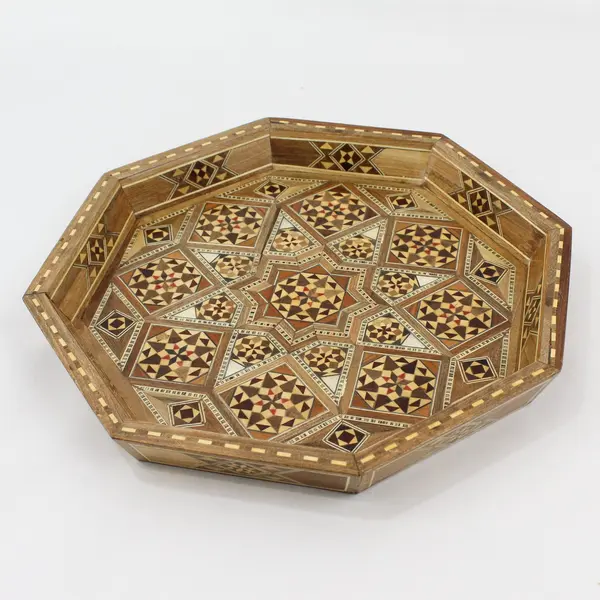  Octagonal Middle Eastern Wood Marquetry Mosaic Bowl 12"