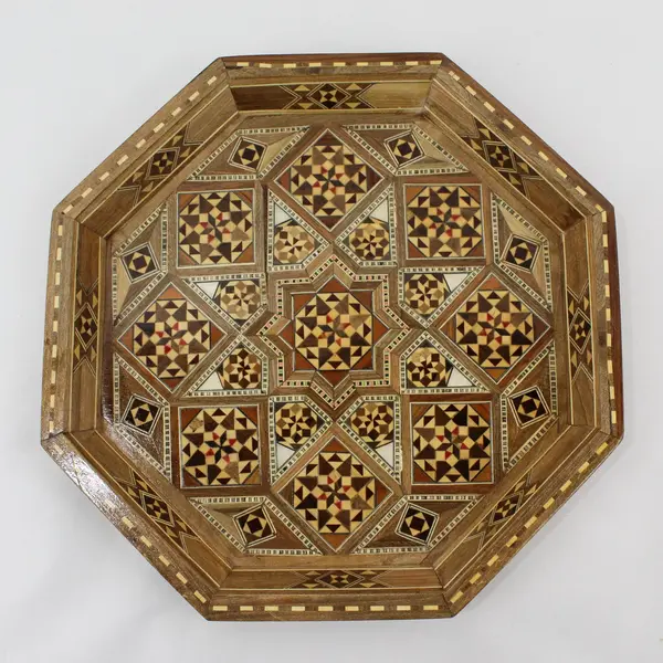  Octagonal Middle Eastern Wood Marquetry Mosaic Bowl 12"