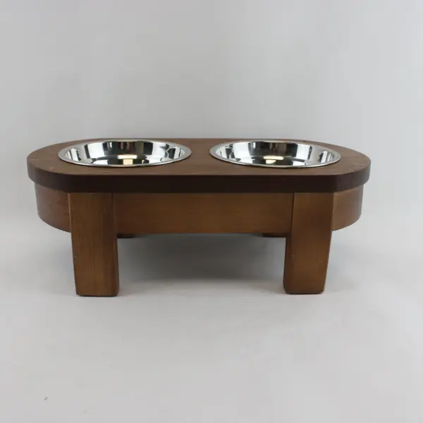 Brown Wooden Elevated Dog Food & Water Bowl Stand Raised Feeder