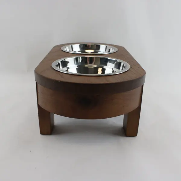 Brown Wooden Elevated Dog Food & Water Bowl Stand Raised Feeder