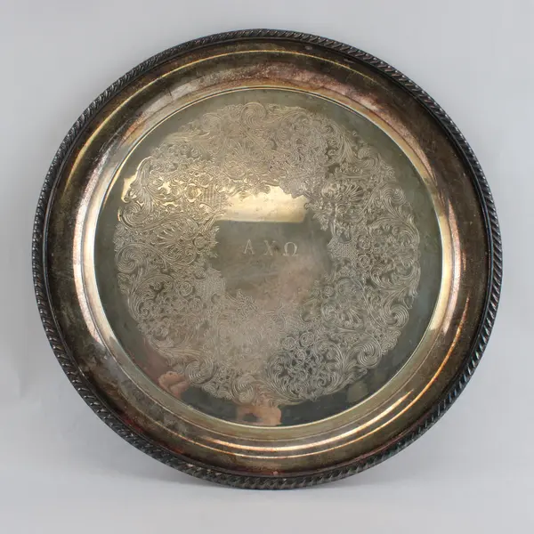 Vintage Silverplate Round Etched Floral Serving Tray A X Ω Monogram