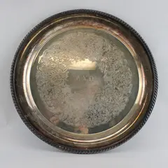 Vintage Silverplate Round Etched Floral Serving Tray A X Ω Monogram