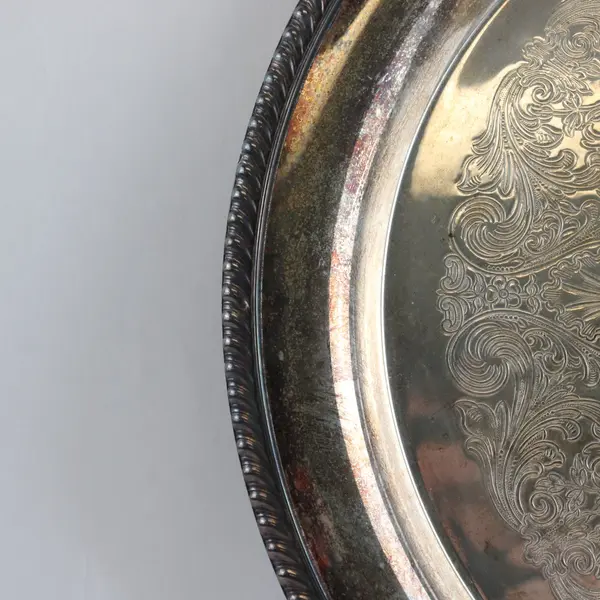 Vintage Silverplate Round Etched Floral Serving Tray A X Ω Monogram
